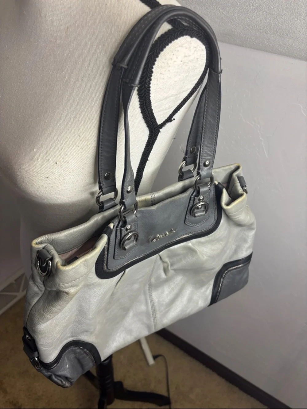 Coach Gray and Black Leather Shoulder Bag As In Condition CP10048